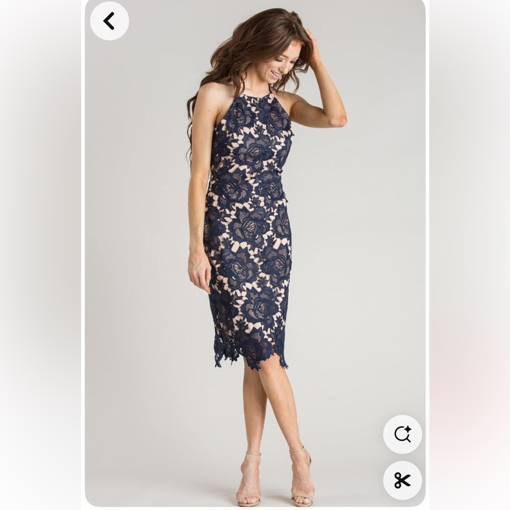 Navy Lace Halter Midi Dress